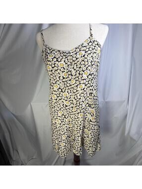 American Eagle Daisy Print Button Front Mini Dress Black Yellow White Women's L